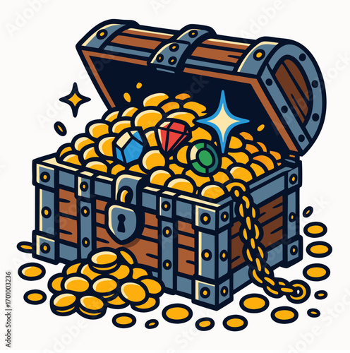 Treasure chest overflowing with gold coins and gems – comic adventure vector illustration