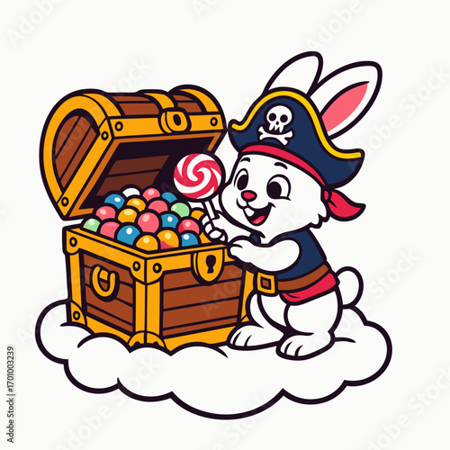 Pirate bunny opening a treasure chest of colorful eggs – cute party adventure vector
