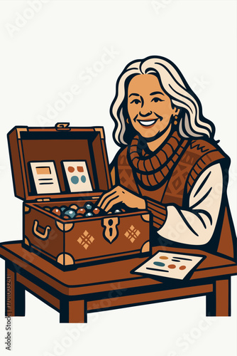 Grandma sorting letters and keepsakes in a vintage wooden suitcase – cozy nostalgic vector art