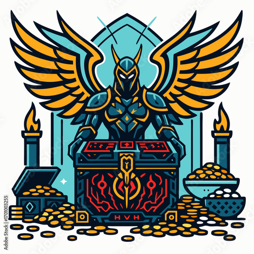 Winged guardian owl with treasure altar and candles – bold fantasy vector illustration