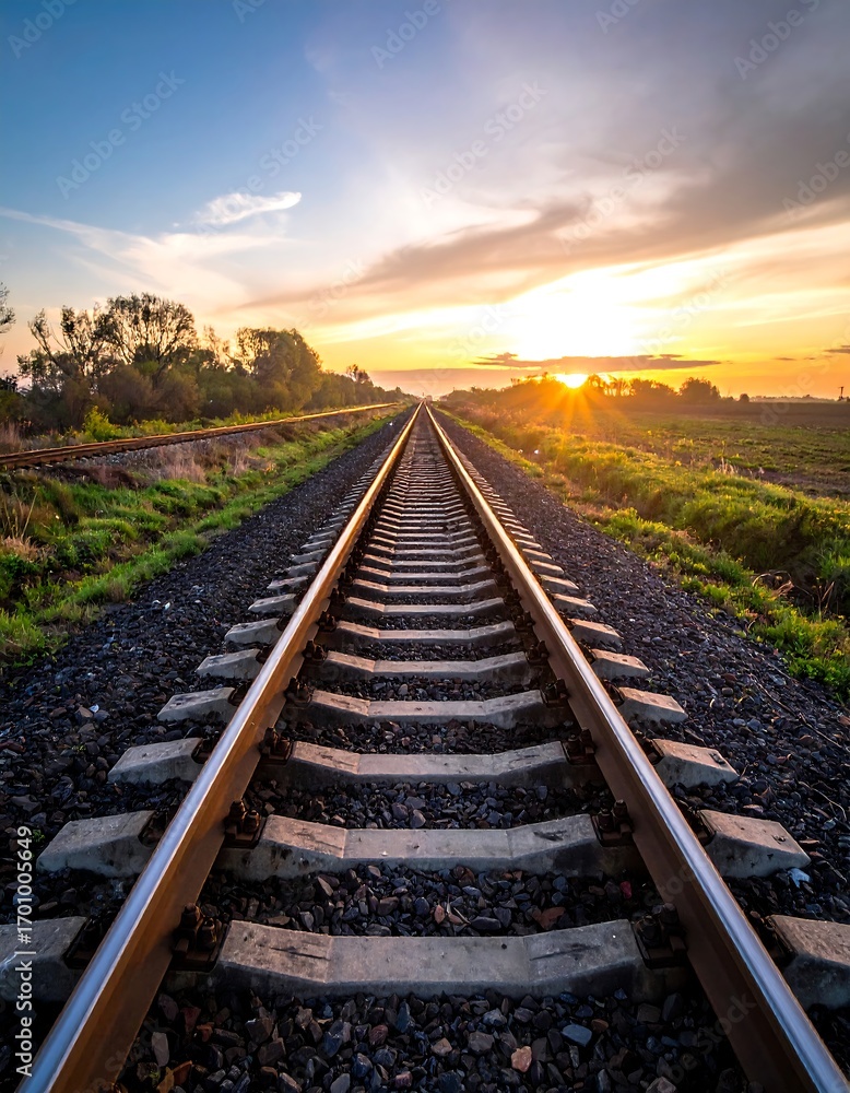 Fototapeta premium A picturesque railway track stretches into a vibrant sunset, showcasing a peaceful and hopeful journey.