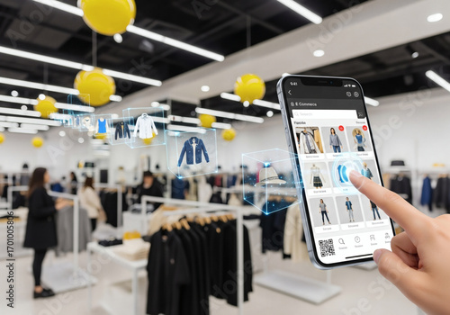 Augmented Reality Shopping Experience in Modern Retail Store Showing Fashion Items on Mobile App