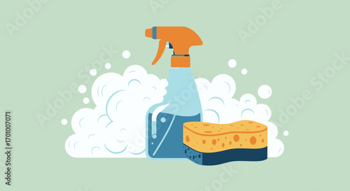 A vibrant vector illustration showcases a spray bottle, a scrubbing sponge, and effervescent soap suds, symbolizing cleanliness and household hygiene.