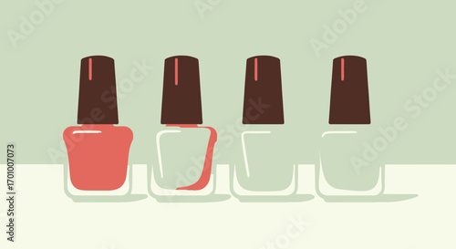 A modern vector illustration displays four elegant nail polish bottles, showcasing liquid levels from full to empty, set against a clean, soft background.