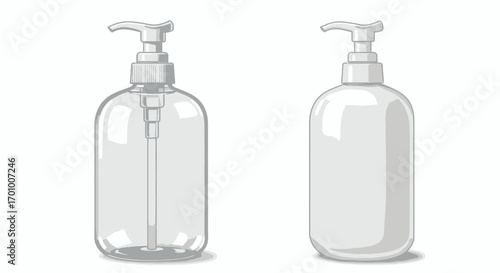 A clean vector illustration showcasing two dispenser bottles, one transparent and one opaque white, perfect for visualizing cosmetic products or hand sanitizers in a modern design.