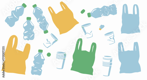 A collection of colorful plastic bottles and shopping bags scattered across a white background, representing waste and environmental pollution.
