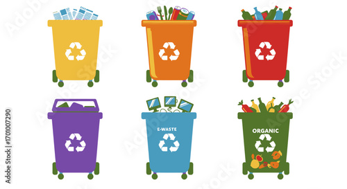 Set of six colorful recycling bins filled with various waste materials like bottles, paper, and organic waste, perfect for environmental campaigns.