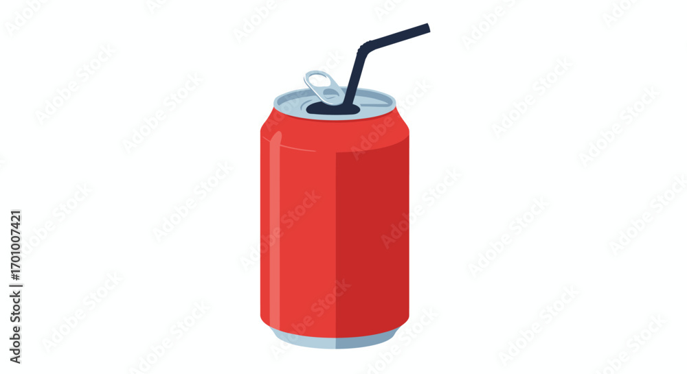 Obraz premium A vibrant red soda can illustration with a black straw, presented as a clean vector graphic on a white background, ideal for beverage-related designs.