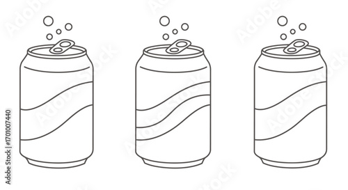 Collection of three stylized vector outline drawings of open soda cans with bubbles rising, presented on a clean white background.