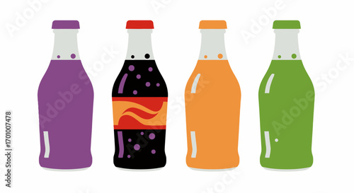 A vibrant illustration showcases a row of four distinct, colorful soda bottles with refreshing beverages, presented in a clean vector style on a white background.
