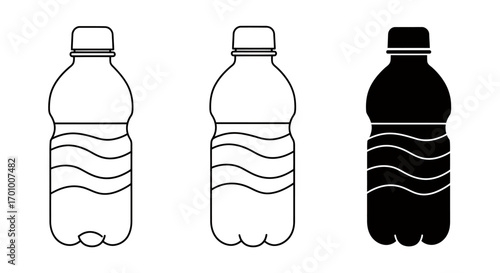 Clean vector illustration of a reusable plastic water bottle, presented in both a line art style and a solid black silhouette, perfect for eco-friendly designs.