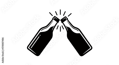 A minimalist vector illustration depicts two dark bottles clinking together in a celebratory toast, isolated on a clean white background.