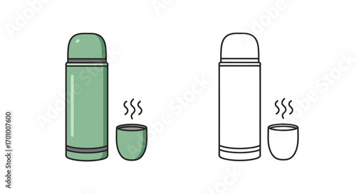 A stylized vector illustration of a green thermos bottle with a cup of hot steaming beverage, presented in both color and outline versions on a white background.