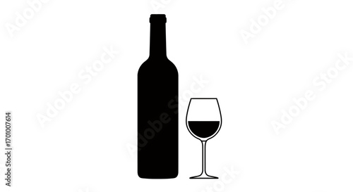 A sleek, minimalist black and white vector illustration of a wine bottle and a glass filled with red wine, perfect for design projects.