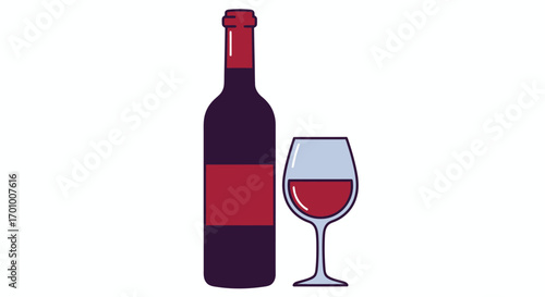 A stylized vector illustration of a dark red wine bottle with a label next to a glass filled with red wine, presented on a clean white background.