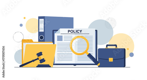 Policy Documents with Magnifying Glass, Legal Gavel, and Office Files