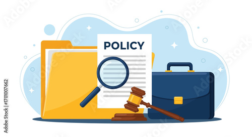 Policy Documents with Magnifying Glass, Legal Gavel, and Office Files