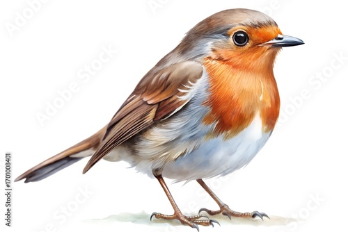 Watercolor painting of a european robin isolated on white background, showcasing its red breast and brown plumage in a delicate artistic style