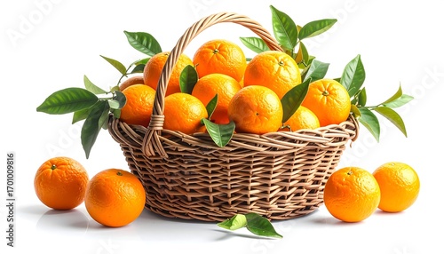 A wicker basket overflowing with ripe oranges, adorned with fresh leaves, presented against a pristine white backdrop.