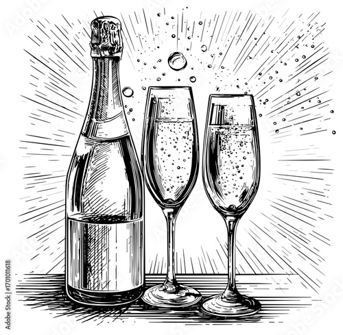 Elegant retro hand-drawn vector illustration of champagne bottle and two glasses with bubbles, black and white line art
