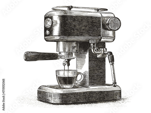 Retro hand-drawn illustration of vintage espresso machine, black and white vector engraving style, clean elegant line art