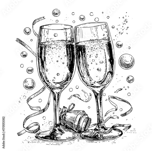 Vintage festive composition of champagne glasses, ribbons, and bubbles, retro black and white hand-drawn line art