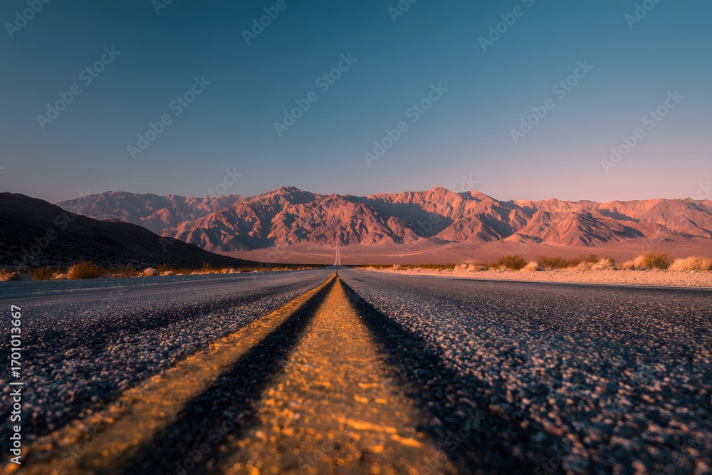 Naklejka premium Endless desert highway stretching toward distant sunlit mountains at golden hour