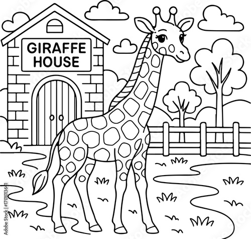 hand drawn vector doodle illustration of giraffe coloring page for kids line art