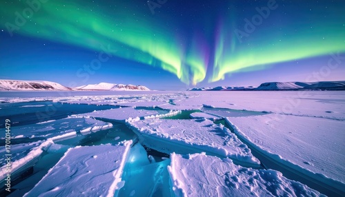 Aurora Borealis over Arctic Ice Landscape  Northern Lights.