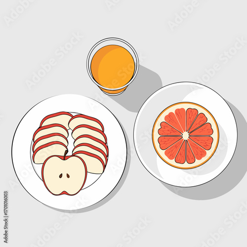 A top view flat lay illustration of a healthy breakfast. Features sliced apple, grapefruit on plates, and a glass of juice. This modern vector design uses a clean style with a long shadow effect.