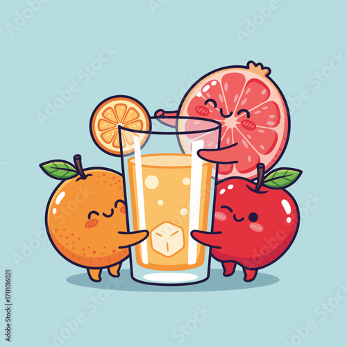 A charming vector illustration of fruit friends in a group hug. A cartoon orange, apple, and a grapefruit slice character embrace a glass of juice. Whimsical and heartwarming food art for any project.