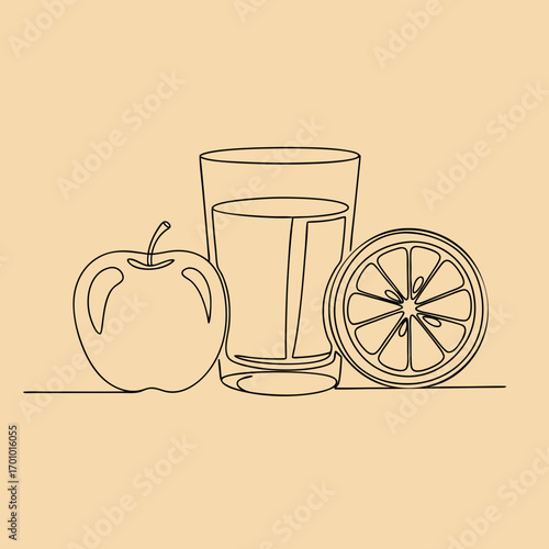 A continuous single line drawing of a still life composition. Includes a glass of juice, a whole apple, and a round orange slice on a solid color background. Minimal vector art for a healthy theme.
