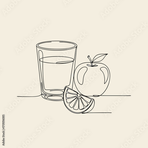 A minimalist illustration of a glass of juice, an apple, and a citrus slice drawn in a single continuous line. This modern one line vector art is on a plain background, perfect for logos or icons.