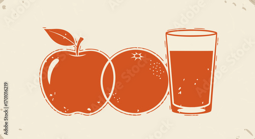 A retro illustration of an apple, orange, and glass of juice with a distressed, weathered texture. This clean, monochromatic composition sits on a speckled paper background. Ideal for organic food the