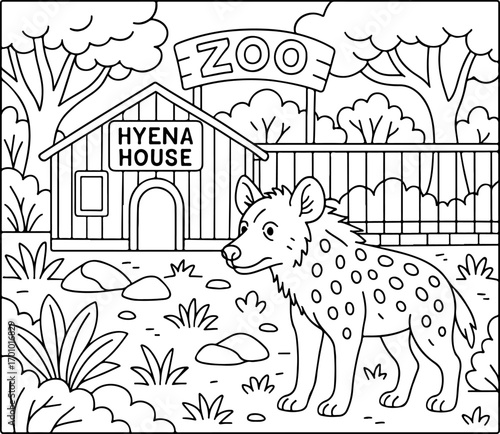 hand drawn vector doodle illustration of Hyena House coloring page for kids line art