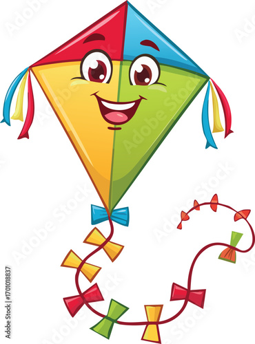 Playful Cartoon Kite Flying with a Smiling Face and Cheerful Expression Representing Outdoor Fun, Childhood Joy, and Whimsical Recreational Design