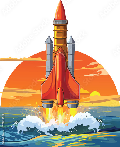Cartoon Rocket Ship Blasting Off with Laekenwimare Shipwreck Silhouette and Spectacular Sunset Sky