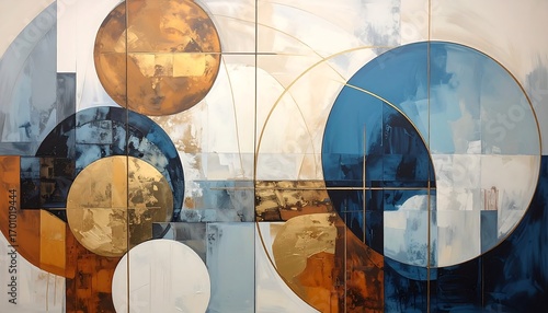 A large-scale abstract painting features overlapping circles and geometric shapes in muted tones of blue, beige, and gold.