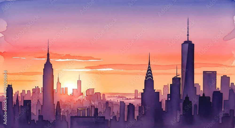 Fototapeta premium Watercolor cityscape painting capturing the vibrant skyline at sunset during twilight hour