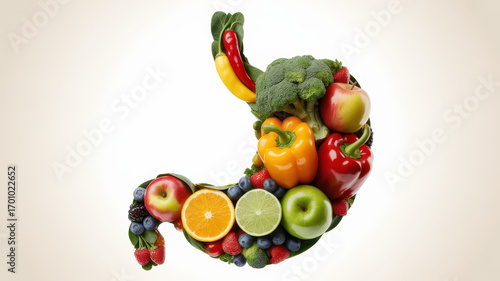 Wallpaper Mural Apple bell pepper broccoli orange lime raspberry blueberry strawberry form artful stomach shape inspiring healthy digestion through vibrant edible arrangement conveying nutrition wellness Torontodigital.ca