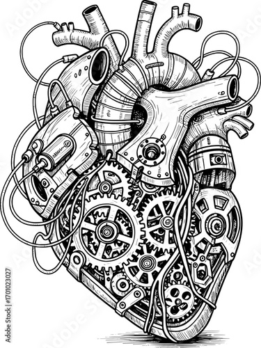 Mechanical heart with gears and cables, steampunk black ink concept, white background, vector.