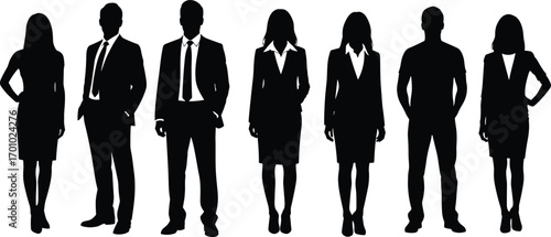 Professional silhouettes, male and female figures, standing poses, business attire, hands on hips, arms crossed, formal clothing, corporate team, office workers, vector illustration, group