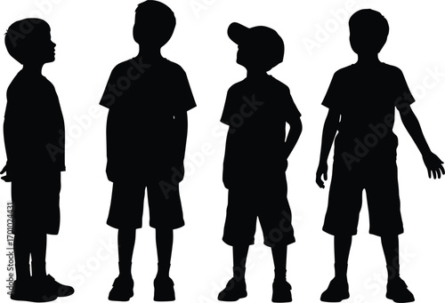 Children silhouettes, standing poses, casual clothing, short sleeves, shorts, sneakers, different postures, looking up, facing forward, wearing cap, black vector illustration, kids group
