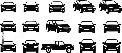 Vehicle silhouettes, sedans, SUVs, minivan, pickup truck, front and side views, automotive design, transportation icons, black vector illustration, car collection, transport set