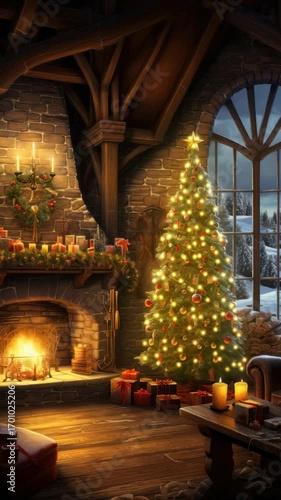 Wallpaper Mural Cozy Christmas scene with a warm fireplace and decorated tree. Captured from a low angle, perfect for a holiday video backdrop. Live mobile wallpaper. Torontodigital.ca