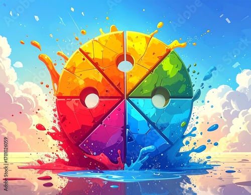  Abstract Infographic, Rainbow Pie Chart Division Symbol with Paint Explosion