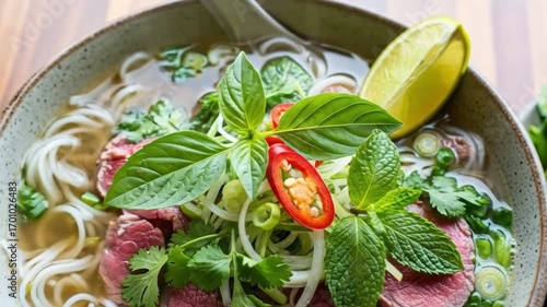 Traditional Vietnamese pho noodle soup with beef herbs and chili