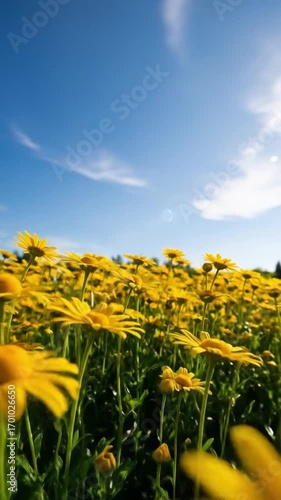 Field of yellow daisies blooming under clear blue sky in daylight