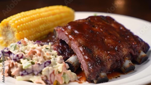 American barbecue ribs with smoky sauce, corn on the cob, and coleslaw