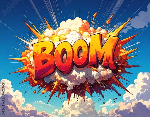 Comic Style BOOM Explosion Text with Colorful Cloud and Sky
